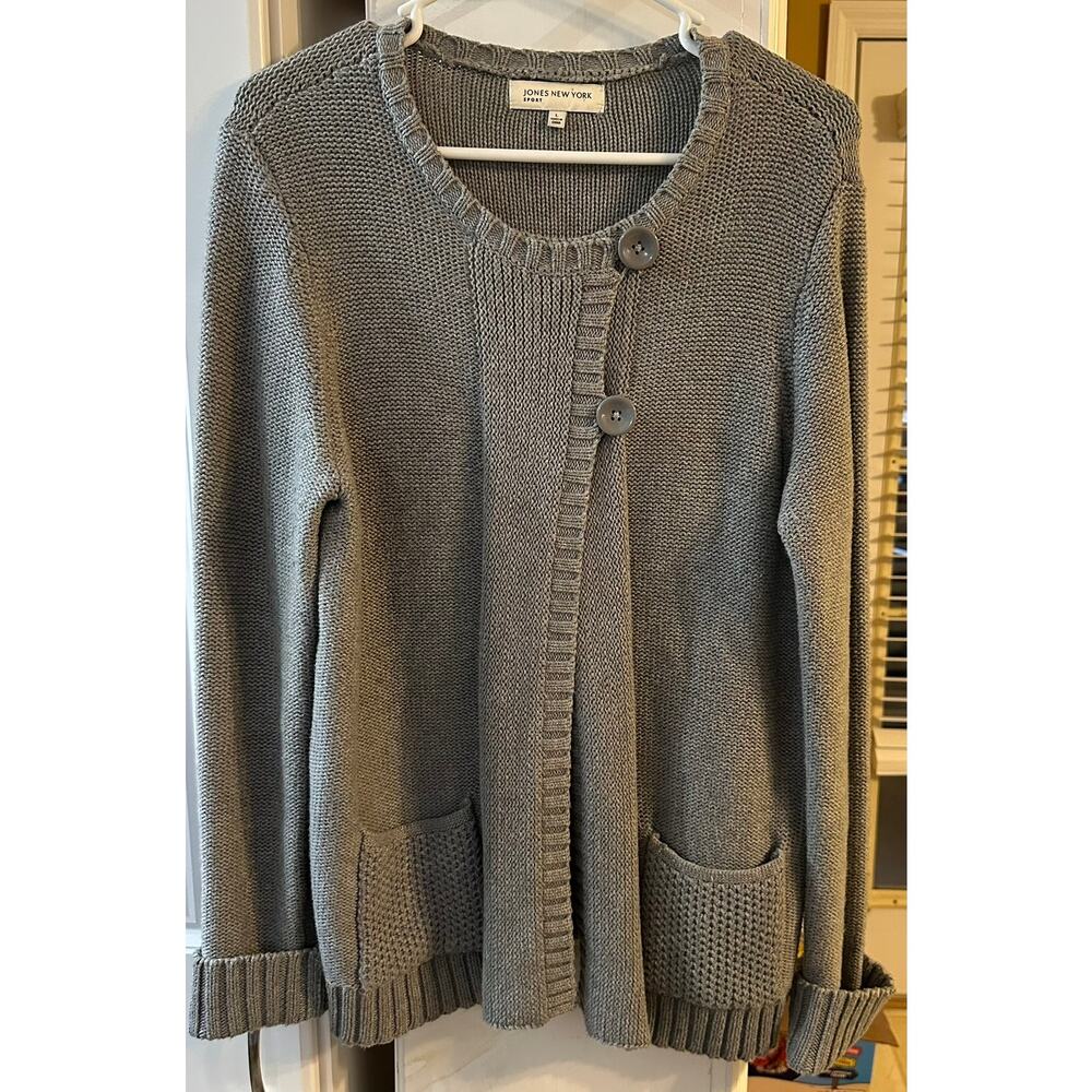 Jones‎ New York Women's Gray Sport Sweater Cardigan Cotten Knit Size Large